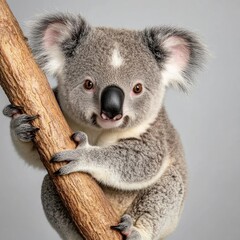 Fototapeta premium A cute koala clings to a tree branch, showcasing its adorable features and fluffy fur in a captivating portrait.
