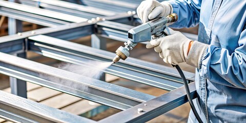 Skilled Metalworker Assembling Steel Structure. A skilled worker uses a spray gun to apply a protective coating to steel frames in a manufacturing facility. 