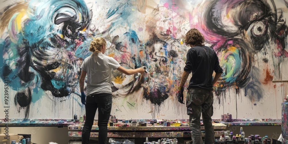 Poster Two artists collaborating on a large mural in an art studio filled with paints and sketches creative energy flowing between them
