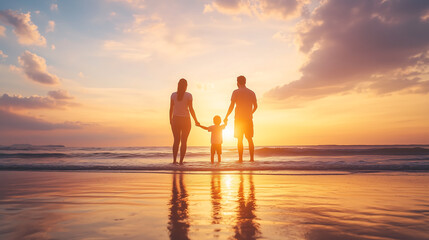 Happy family standing on the beach at sunset, holding hands and smiling together with their child