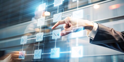  Interactive Business Flowchart. A professional businessman in a suit touches an illuminated digital flowchart, symbolizing strategic planning and innovation in business technology.