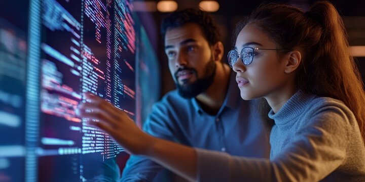A mentor and mentee working together on a coding project in a tech lab with screens displaying lines of code focused and innovative teamwork