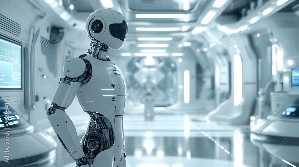 Poster futuristic robot standing in high tech laboratory