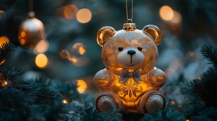 Teddy bear Christmas ornament. Festive holiday decoration. Nostalgic Christmas concept. Image for greeting card, invitation, banner with copy space.