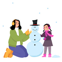 Mother and daughter molding a snowman