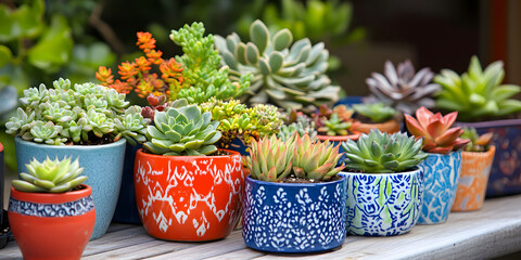 Colorful array of succulent plants in various shaped pots