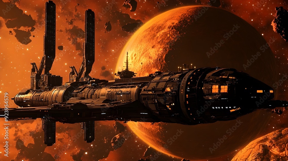 Poster Futuristic Space Station Orbiting a Distant Planet in 3D Visualization