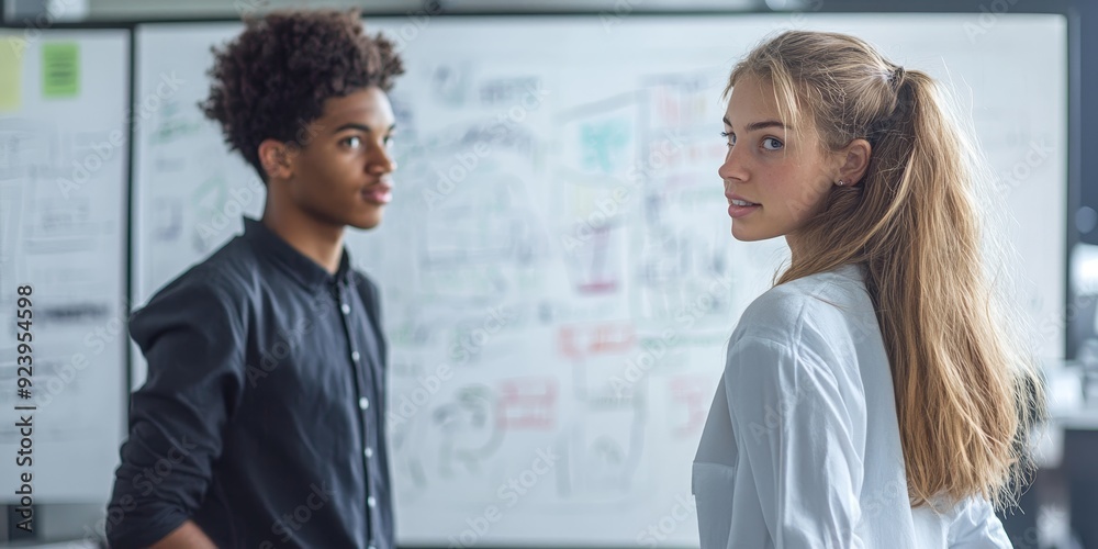 Poster Two students sharing ideas for a group presentation in a modern study room with a large whiteboard filled with diagrams brainstorming session