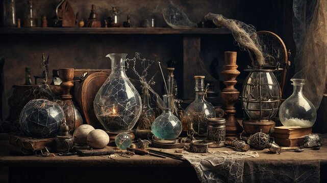 Renaissance still life. Detail of an alchemist's workshop. Alchemist items and tools. Background wall scrap.