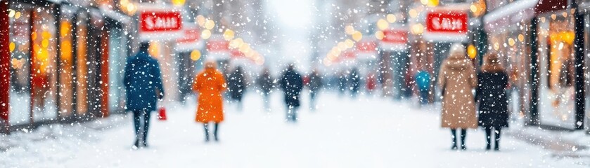 A snow-covered street with Christmas lights and  Holiday Sale  banners hanging between shops, shoppers in winter coats passing by Winter street shopping, Christmas bargains