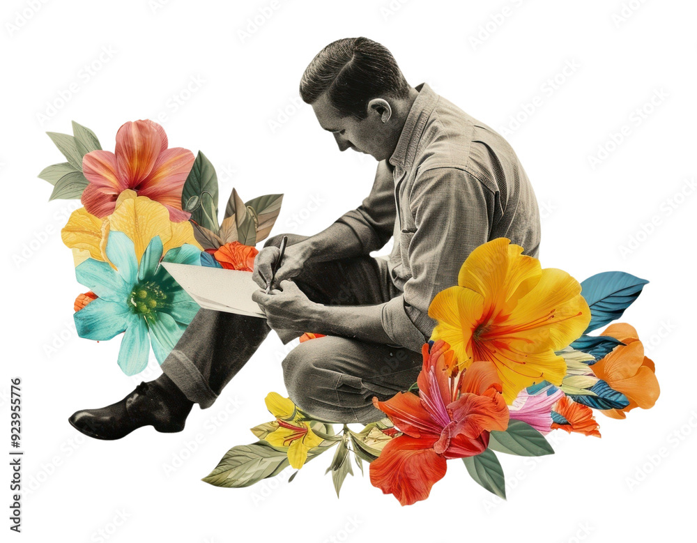 Canvas Prints man writing with pen flower painting adult.