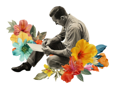 Man writing with pen flower painting adult. - Powered by Adobe