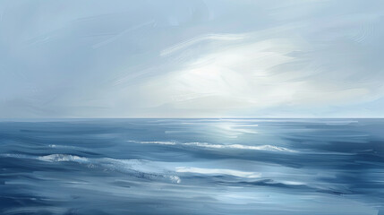 A serene digital painting of a calm ocean with soft waves under a glowing sunrise, rendered in smooth, blended shades of blue.