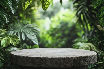 Empty stone podium stage with a jungle / rainforest landscape background. Round, simple dais or platform against the background of a lush, green rainforest. Perfect for product presentation.