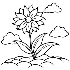 Beautiful flower in a flower bed and clouds vector art illustration