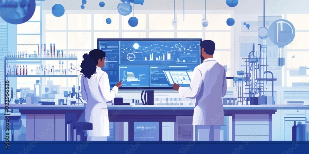 Poster A pair of researchers analyzing data on a large monitor in a modern lab surrounded by scientific equipment shared intellectual effort