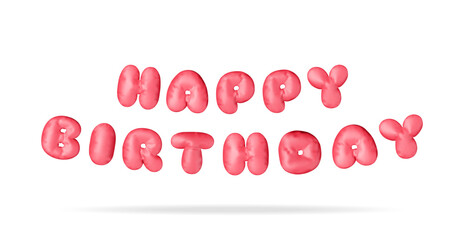 3d red balloon text of happy birthday isolated. Render shiny balloon font for birthday celebration. Decorative rubber symbols for banner, cover, holidays, anniversary party. Vector Illustration