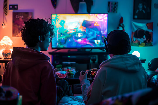 Two teenagers, focused, playing a video game with controllers in front of a TV screen in a living room. Generative AI