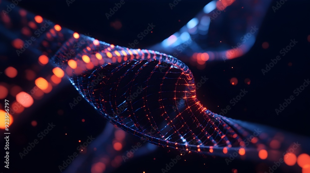 Poster glowing dna helix in mesmerizing 3d twist against dark background