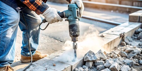 Construction Worker Demolishing Concrete with Jackhammer. A construction worker in blue jeans and work boots uses a jackhammer to break up a concrete floor. 