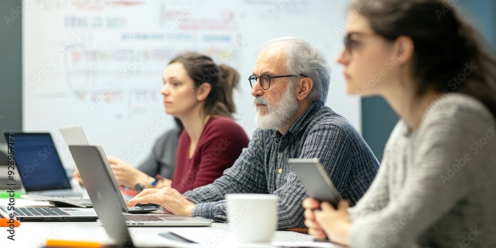 Fototapete Three middle-aged learners participating in a coding workshop with laptops open and a whiteboard filled with coding syntax behind them energetic learning environment