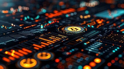 Obraz premium Market trends and economic analysis design with emphasis on currency exchange, blockchain, and fintech, ideal for creating professional visuals on global financial developments. high resolution