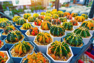 Many colorful red yellow green Gymnocalycium variegated cactus growing pots for sale in outdoor...