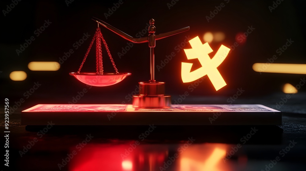Poster heavily weighted 3d visualization of a chinese yuan symbol on a scale indicating trade deficit