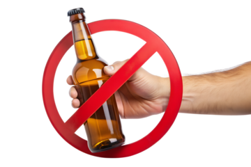 PNG arm holding beer in no drinking sign, cut out