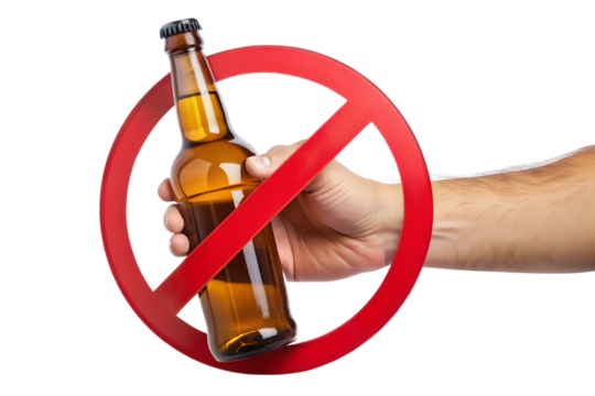 PNG arm holding beer in no drinking sign, cut out