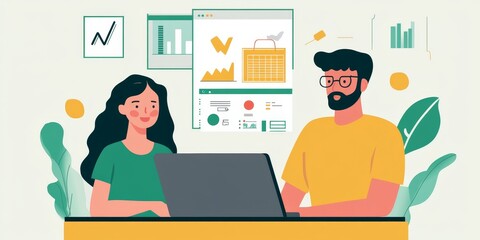 Two people analyzing market trends on a laptop, planning their e-commerce launch