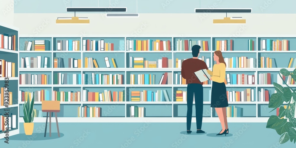 Poster a teacher and a librarian planning a literacy program in a school library with shelves of books arou