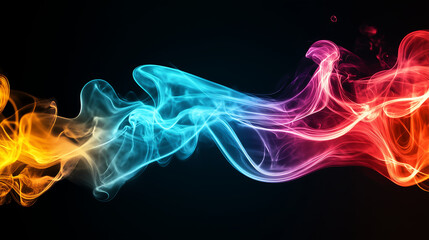 Colorful smoke waves on a black background, in the style of an abstract expressionist painting