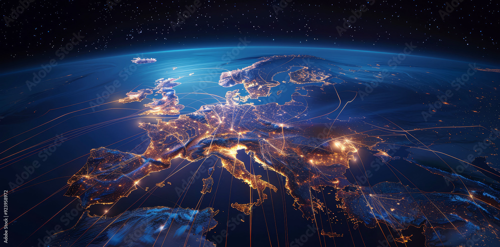 Wall mural global network connectivity on digital world map a digital representation of a world map with glowin