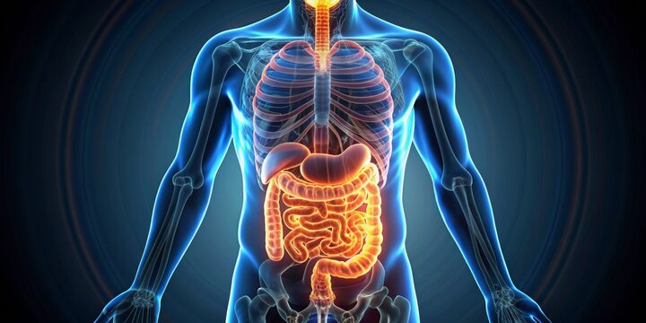 3D Illustration of Digestive System Anatomy with Skeleton, Blue and Orange, 3D Rendering of Human Anatomy , digestive system, anatomy, medical illustration