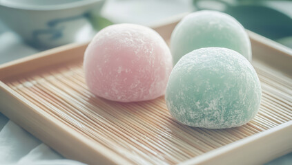 Japanese colorful mochi. Traditional Japanese dessert. Rice cake. Sweet and tasty food.