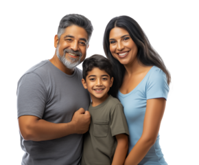Hispanic family of smiling and happy parents and son, isolated on transparent background, cut out