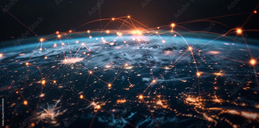 Wall mural global network connectivity on digital world map a digital representation of a world map with glowin