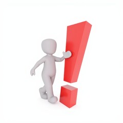 3D figure gesturing towards a large red exclamation mark against a white background.
