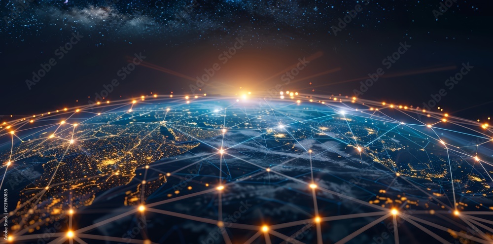 Wall mural global network connectivity on digital world map a digital representation of a world map with glowin