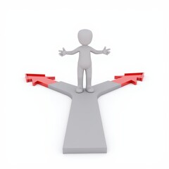 3D illustration of a figure facing a choice between two divergent paths with red arrows.