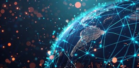 Obraz premium Global Network Connectivity on Digital World Map A digital representation of a world map with glowing network connections, symbolizing global communication and data exchange.