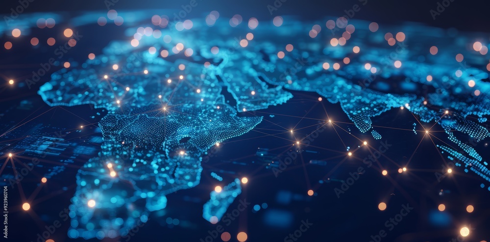 Wall mural global network connectivity on digital world map a digital representation of a world map with glowin