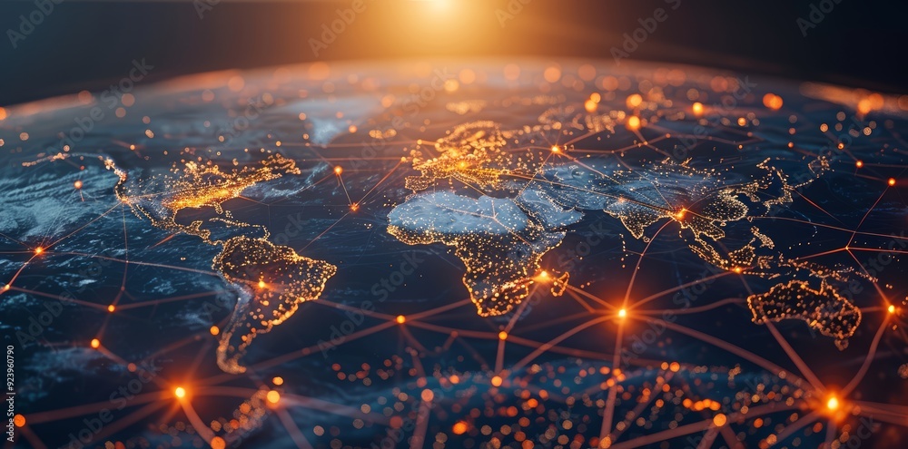 Wall mural global network connectivity on digital world map a digital representation of a world map with glowin