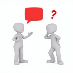 3D illustration of two abstract figures having a conversation with one confused and a red speech bubble above them.