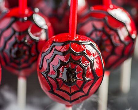 A group of red spider web shaped candies with chocolate drizzle