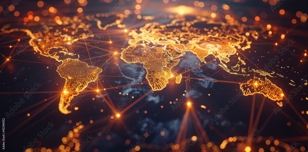 Wall mural global network connectivity on digital world map a digital representation of a world map with glowin