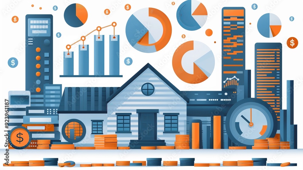 Sticker Economic analysis design featuring loans, mortgages, and banking elements, perfect for creating professional visuals related to financial management and economic trends. high resolution Illustration,