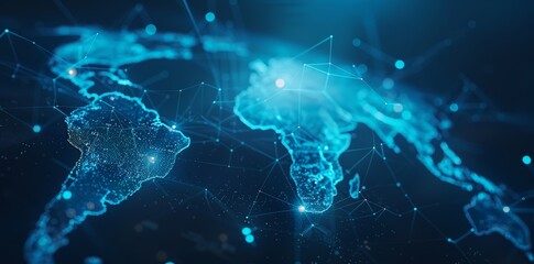 Global Network Connectivity on Digital World Map A digital representation of a world map with glowing network connections, symbolizing global communication and data exchange.