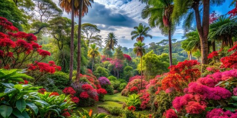 Fototapeta premium A Lush Tropical Garden with Red Flowers and Palm Trees, Landscape Photography, Tropical Garden, Palm Trees, Red Flowers